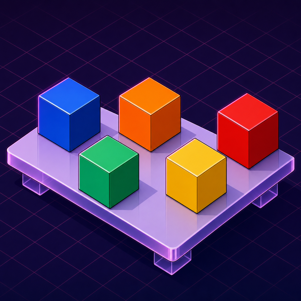 Isometric arcade shelf of hook blocks stacked over glowing pool slabs